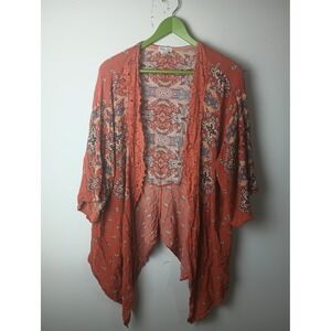 Clover + Scout Womens Boho Paisley Crochet Lace Trim Kimono Cardigan Orange M